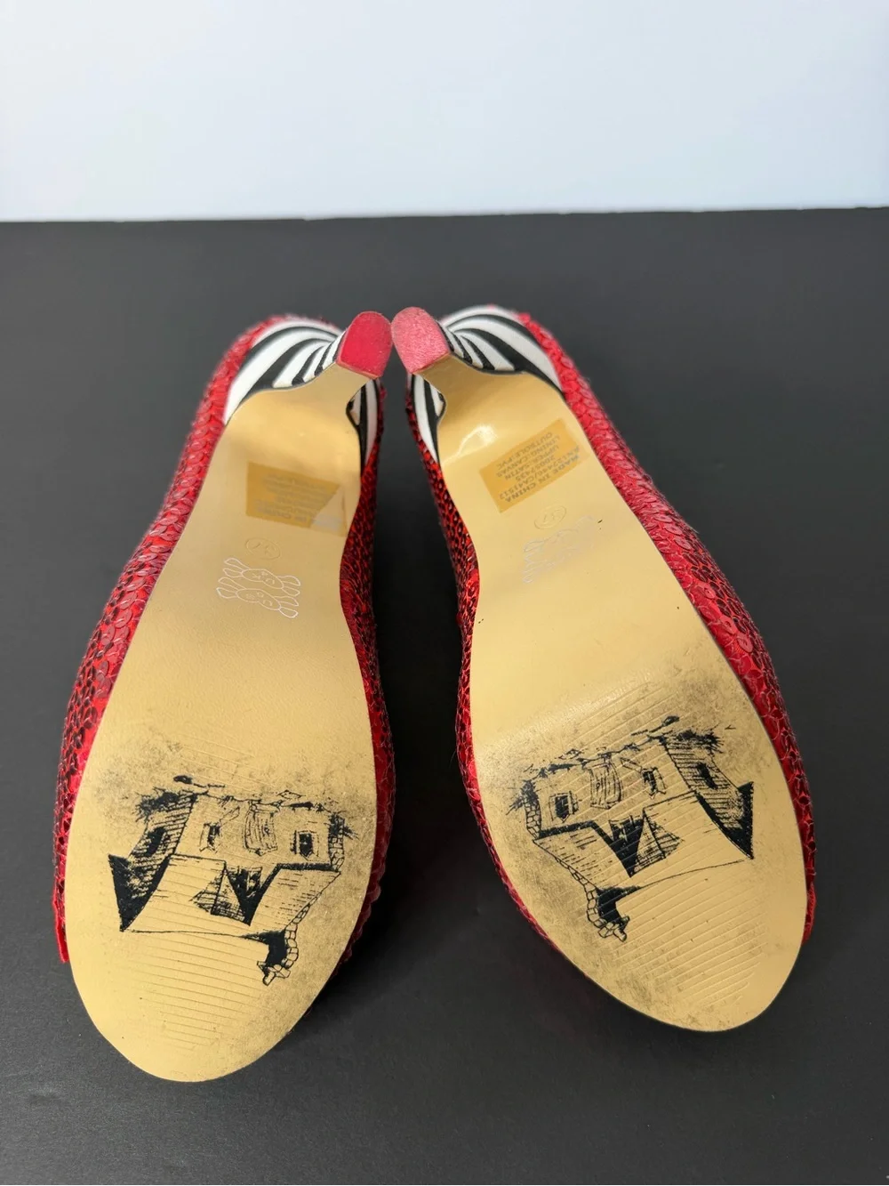 Iron Fist Red Sequin Peep-Toe Heels with Black-and-White Striped Heel